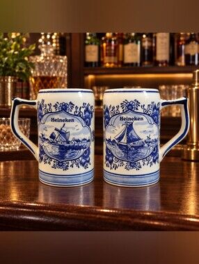 Vintage 1980 Heineken Hand-painted Delft Blue Ceramic Beer Mug Dutch Windmill
